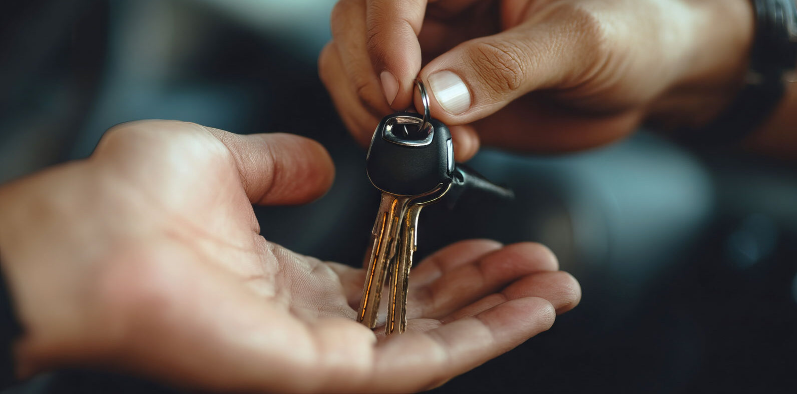 One hand handing two car keys to another person